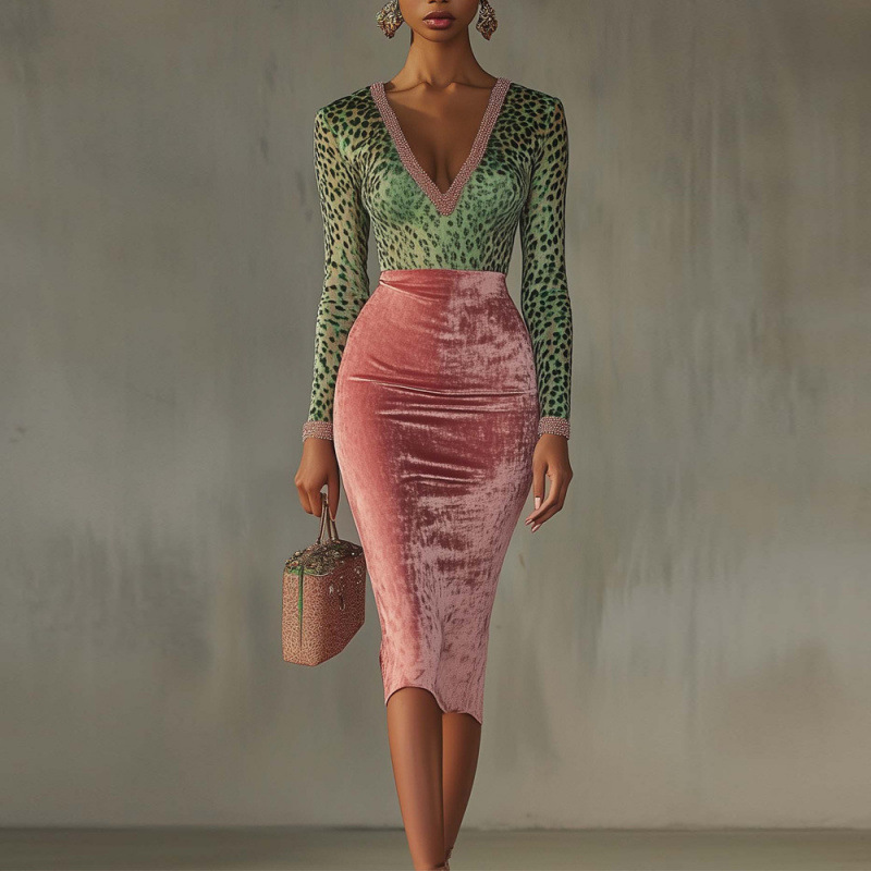 Gold Velvet Spliced High-Waist Bodycon Dress