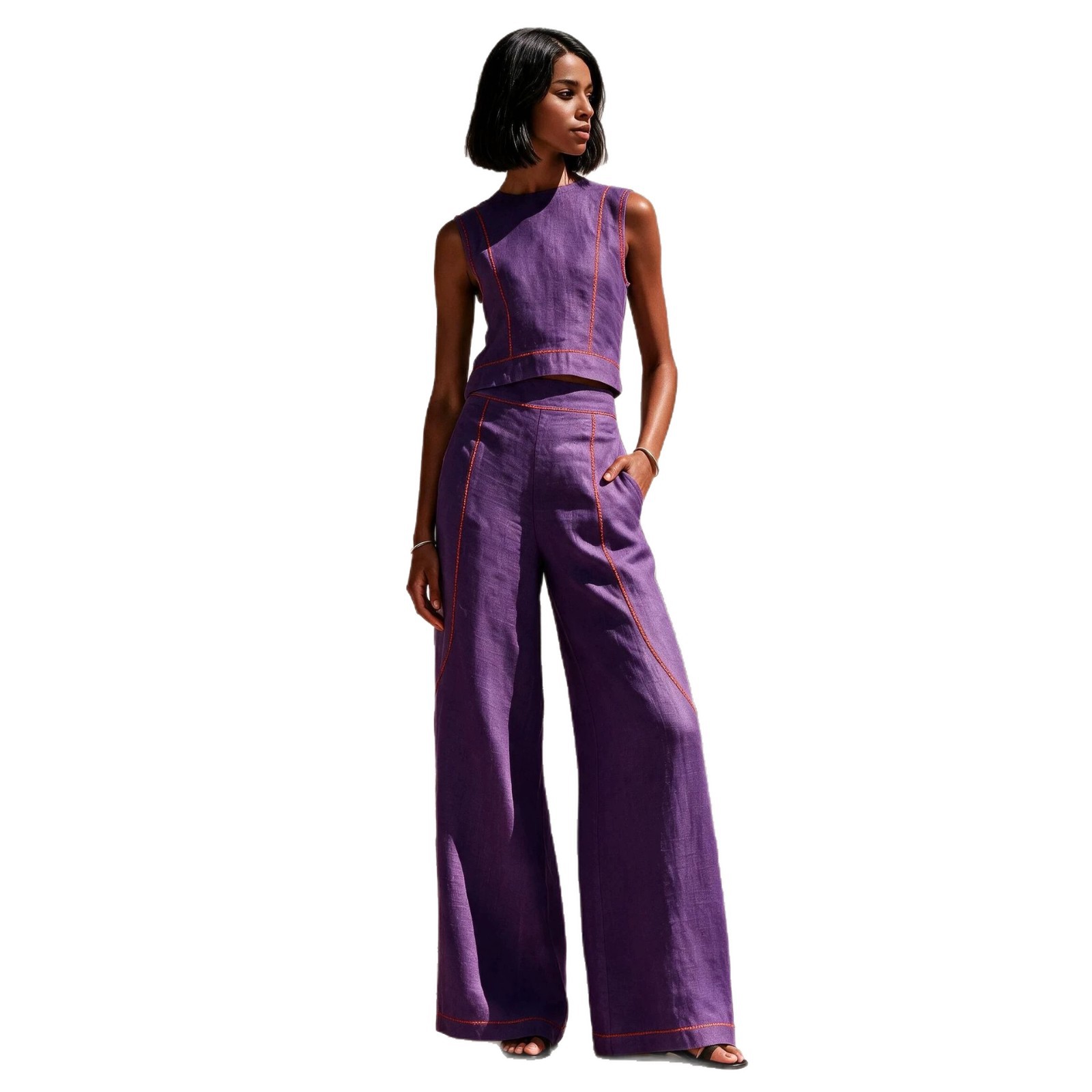 Sleeveless Color-Block Wide-Leg Pants Set Women's Casual Two-Piece