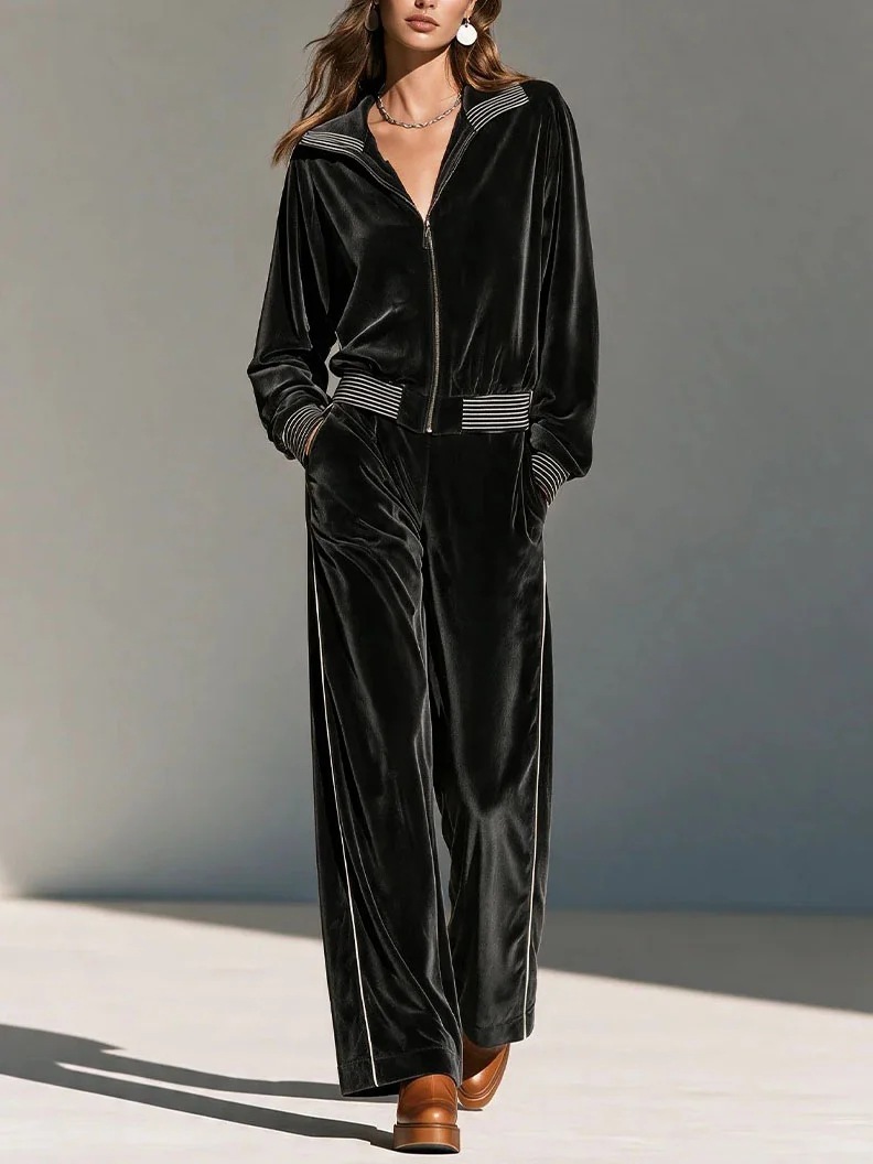Black Velvet Striped Two-Piece Set with Lapel Zip Jacket and High-Waist Wide-Leg Pants