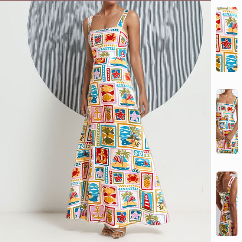Women's Floral Print Cami Dress High Waist Square Neck Maxi