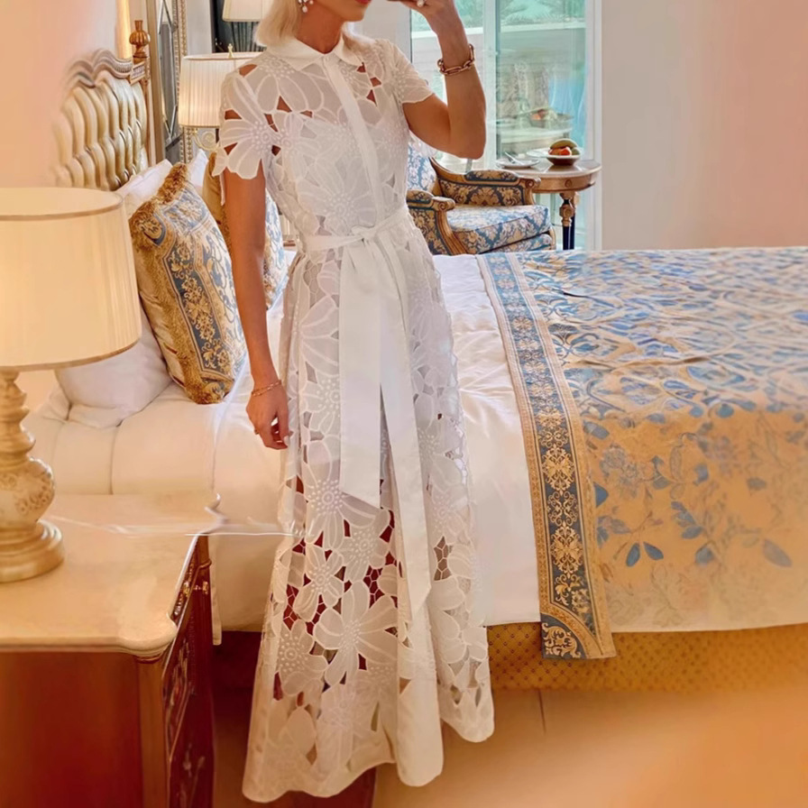 Women's Lace Cardigan Dress Solid Color Single-Breasted Shirt Dress