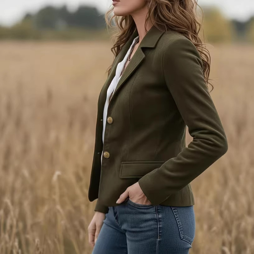 Women's Vintage Ranch Style Solid Short Jacket with Lapel Collar and Metal Buttons Slim Fit