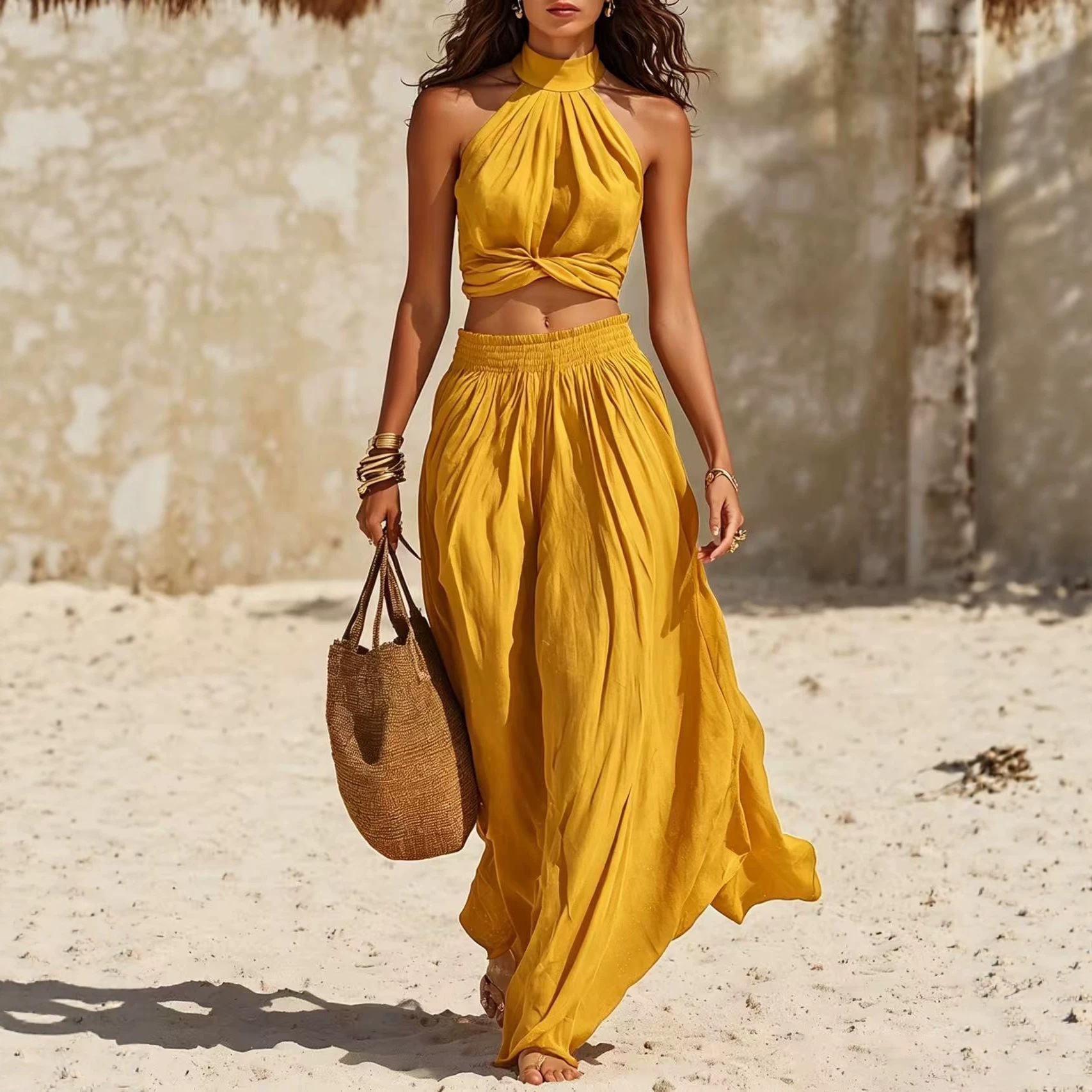 Women's Halter Twist Crop Top and Wide-Leg Pants Set Casual Vacation Outfit