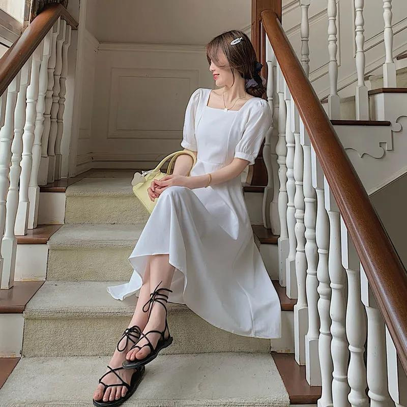 Women's Square Neck A-Line Midi Dress with Short Sleeves and Cinched Waist