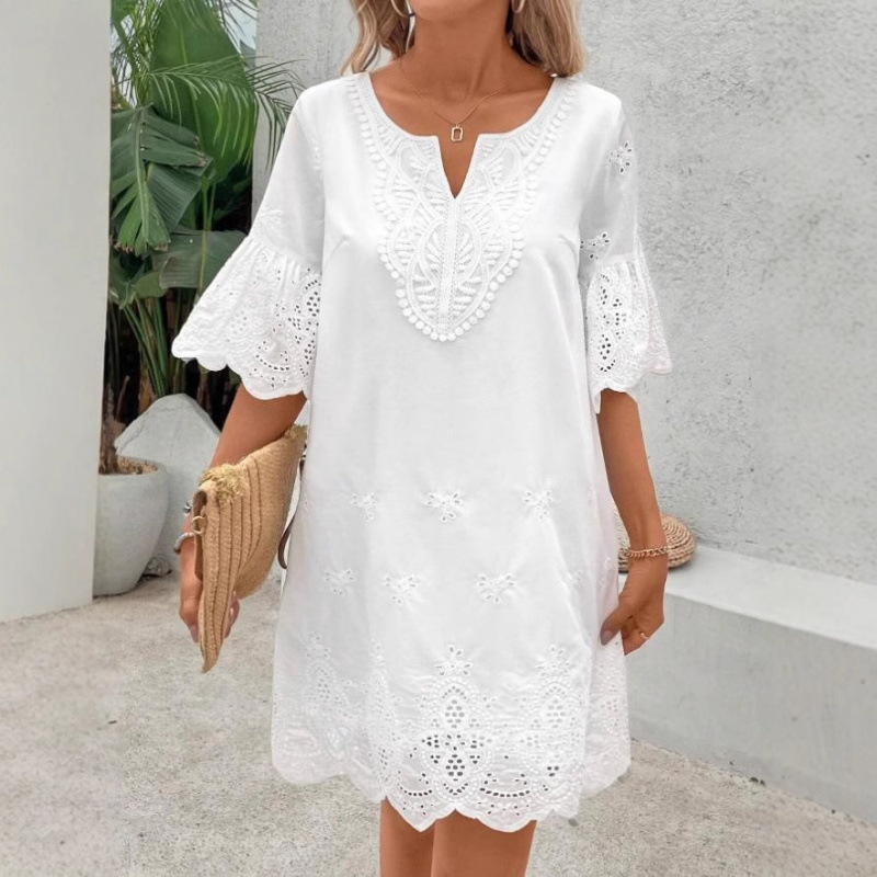 Hollow-Out Embroidered Lace V-Neck Half-Sleeve Dress