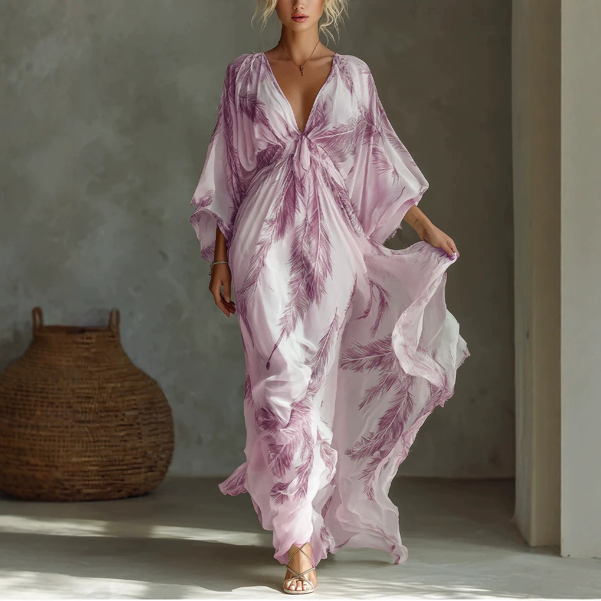 V-Neck 3/4 Sleeve Floral Print Midi Dress with Waist