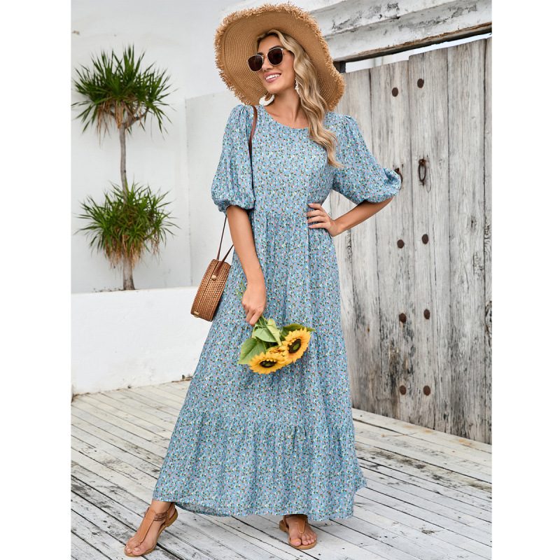 Floral Print Loose Round Neck Midi Dress Plus Size Vintage Casual