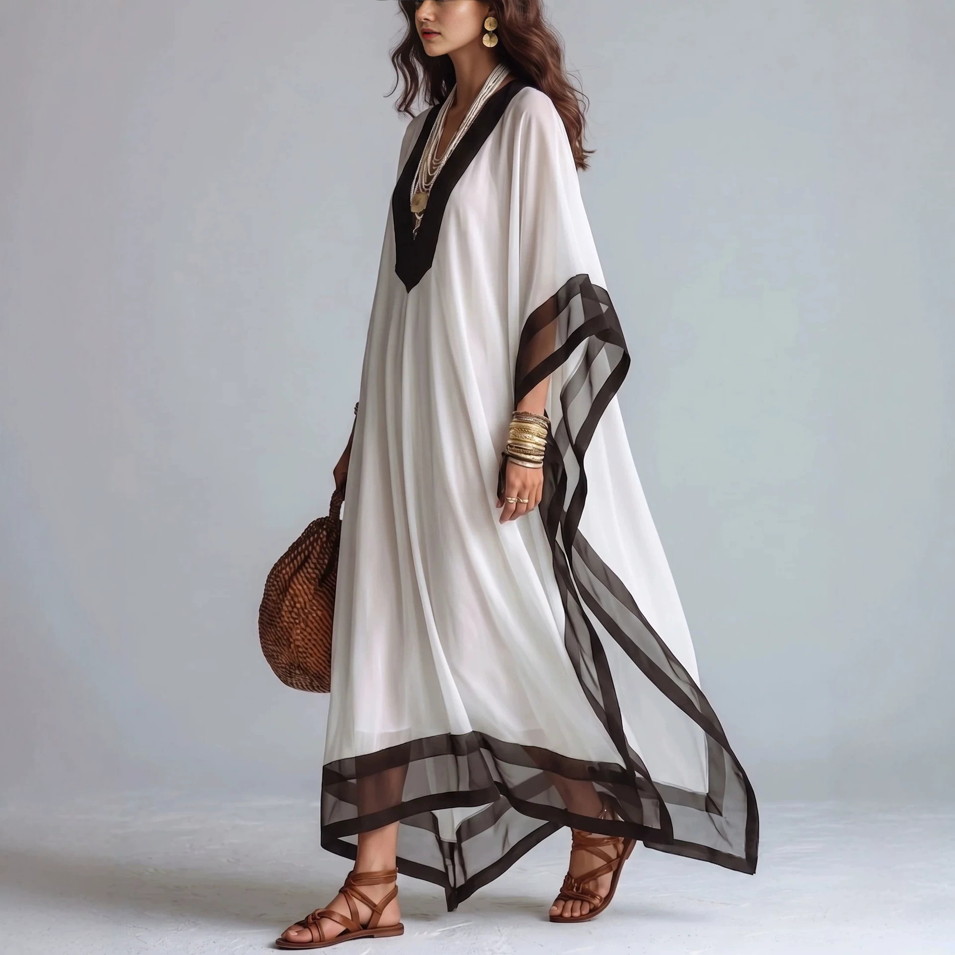 French Black and White Colorblock V-Neck Batwing Sleeve Maxi Dress