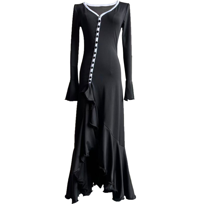 Sexy Color-Block Button-Trim Bodycon Flare Long-Sleeve High-Slit Ruffle Dress