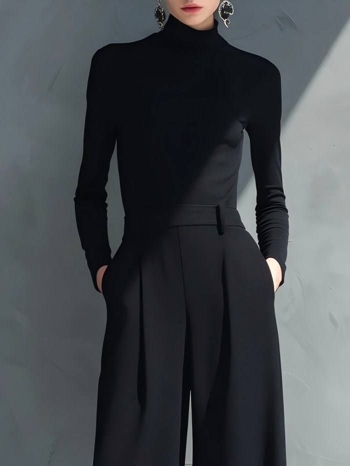 Classic Black Long Sleeve High Neck Wide Leg Casual Pant Set