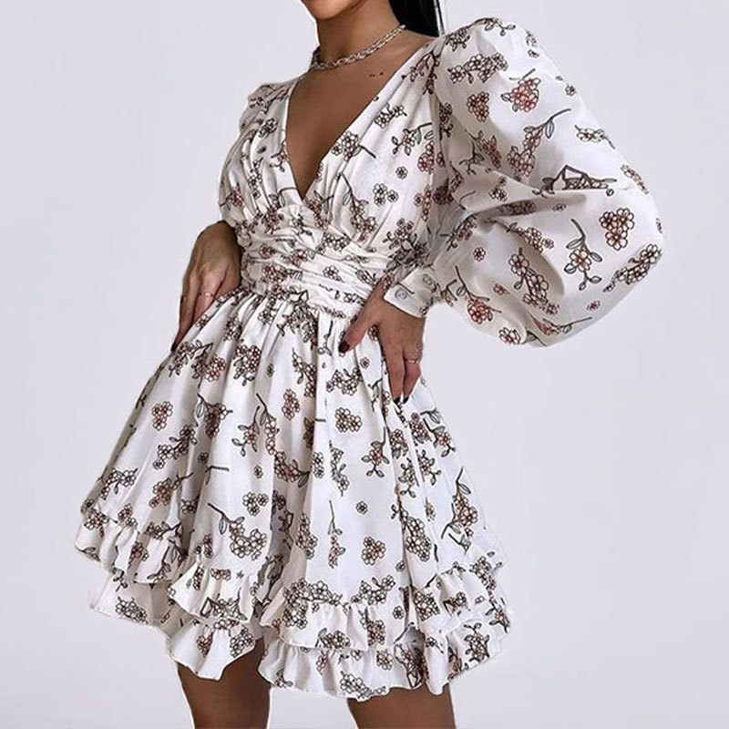 Elegant French Vacation Floral Ruffle Dress