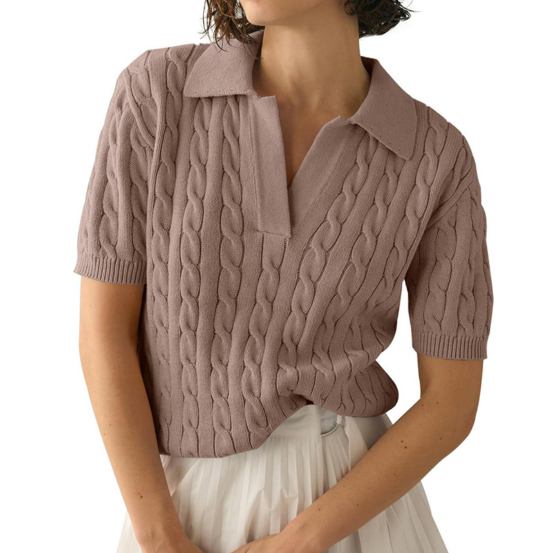Women's Polo Collar Short Sleeve Cable Knit Sweater