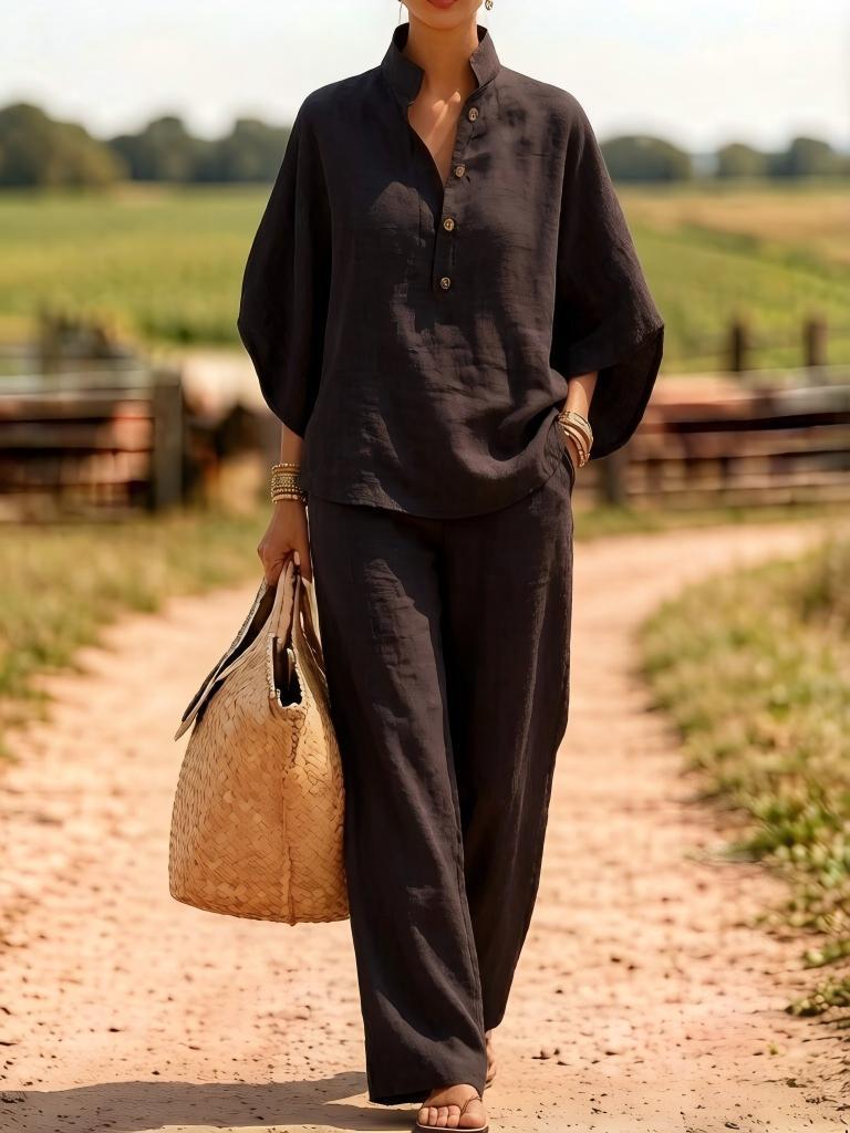 Women's Casual Button Shirt and Wide-Leg Pants Two-Piece Set