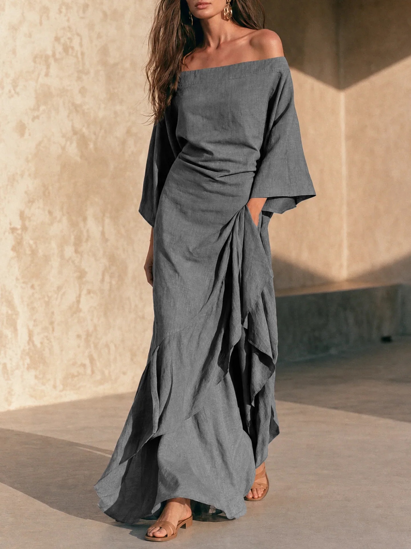 French Off-Shoulder Linen-Blend Maxi Dress with Ruffles and Asymmetric Hem