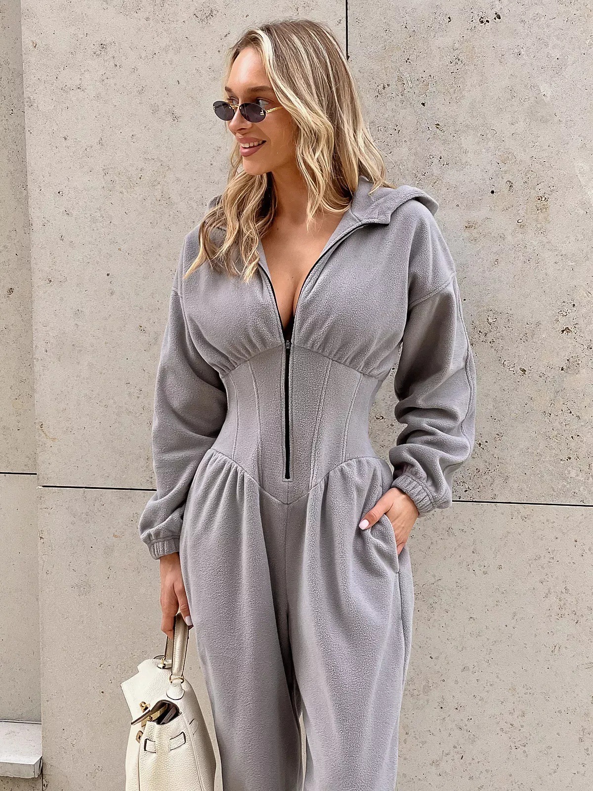 Women's Fleece Hooded Jumpsuit Long Sleeve Cinched Waist Tapered Leg