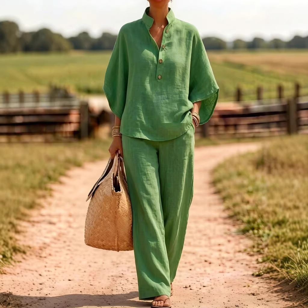 Women's Linen Blend Button Shirt and Wide-Leg Pants Two-Piece Set