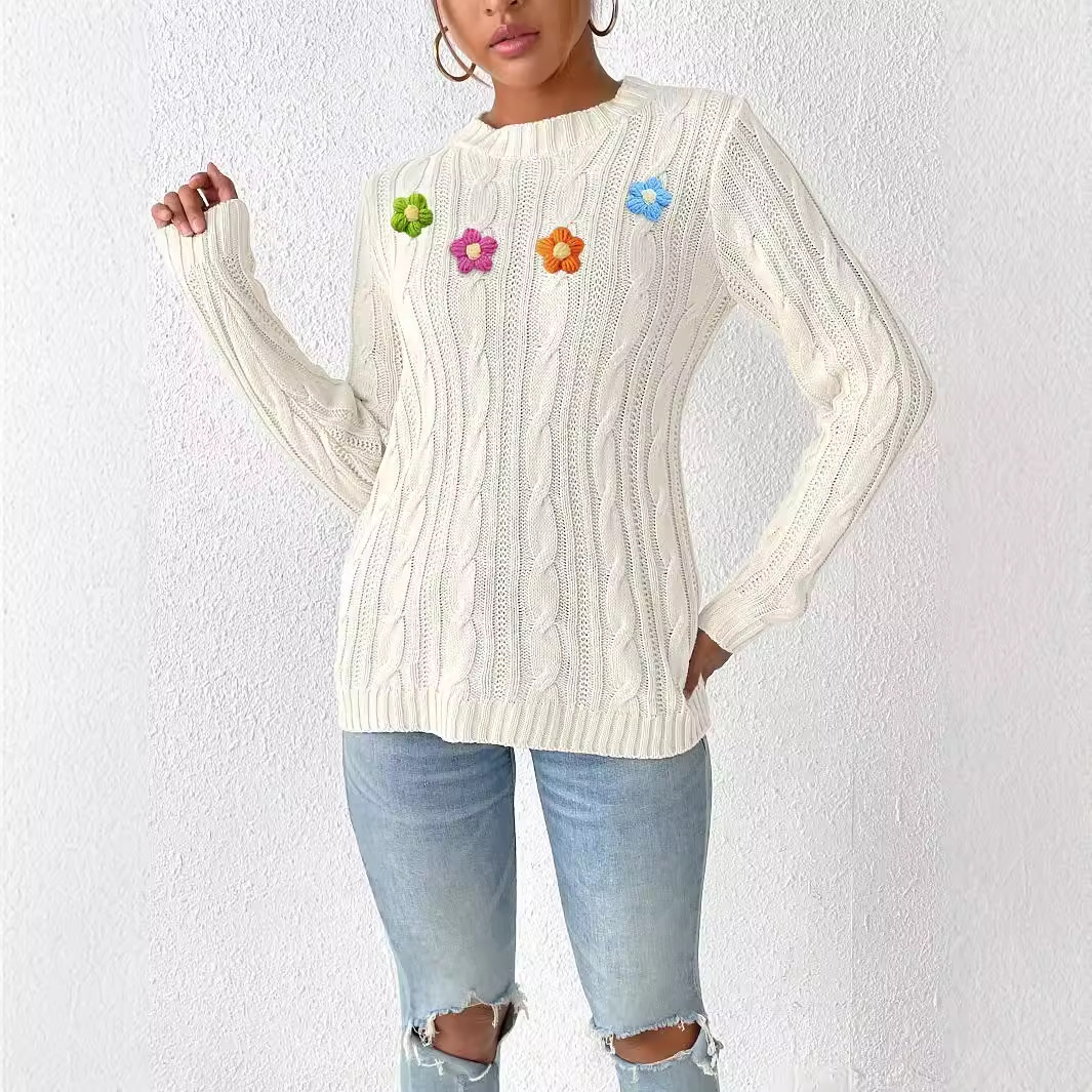 Women's Round Neck Pullover Sweater with Hand-Crochet Floral Appliqué