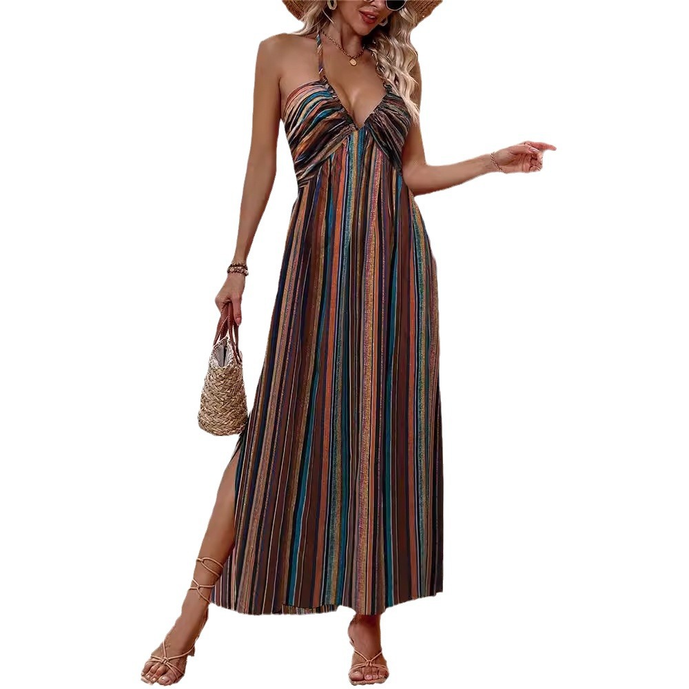 Striped Print Chiffon Cami Maxi Dress with Flared Hem