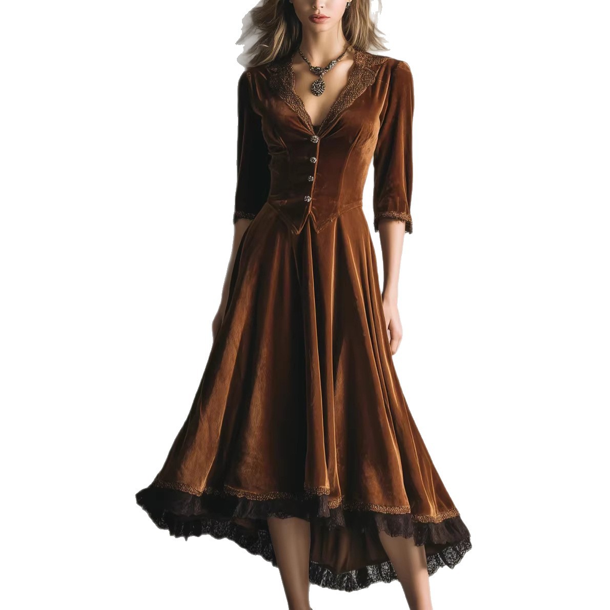 Western V-Neck Velvet Lace-Trim Maxi Dress