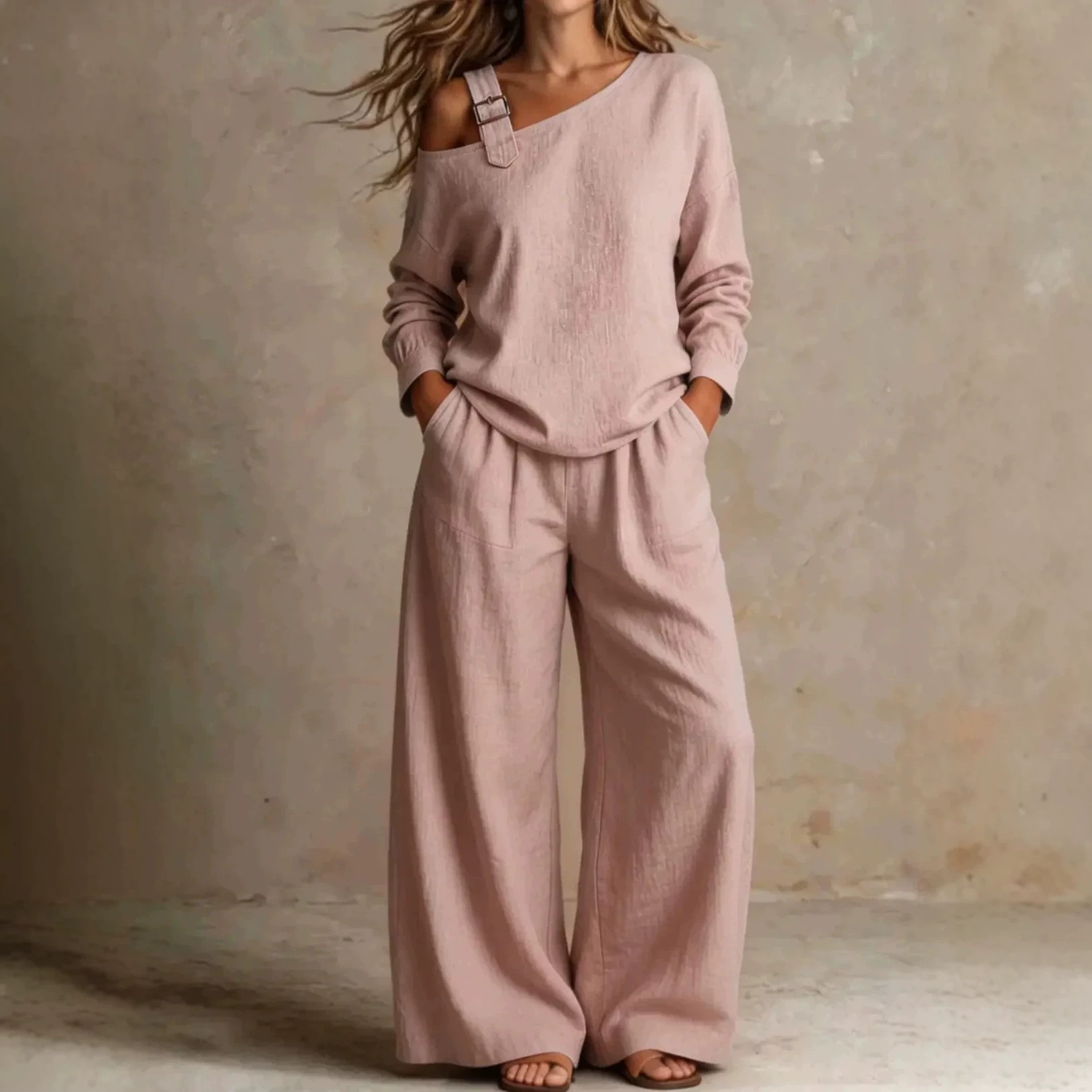 Women's Casual Loose One-Shoulder Linen-Blend Two-Piece Set