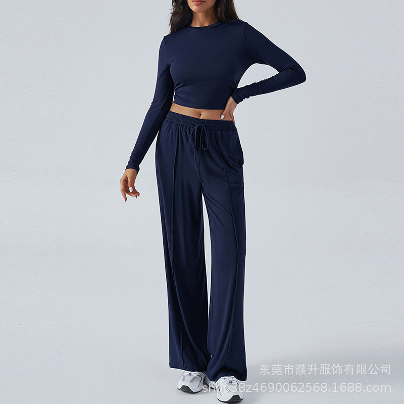 Y2K Long-Sleeve Wide-Leg Pant Set Casual Two-Piece Outfit