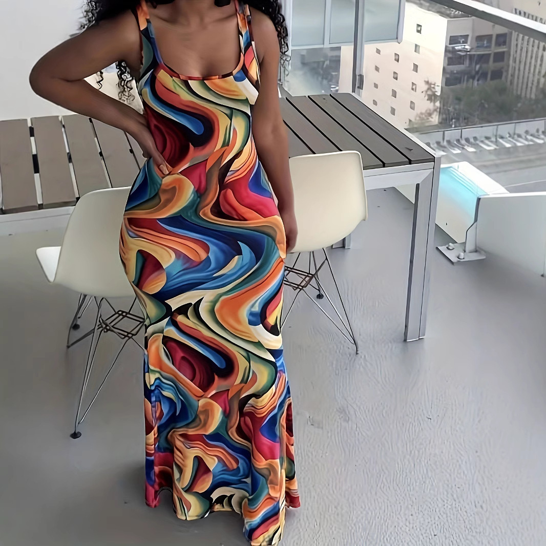 Women's Colorful Wave Print Bodycon Maxi Dress with Deep U-Neck