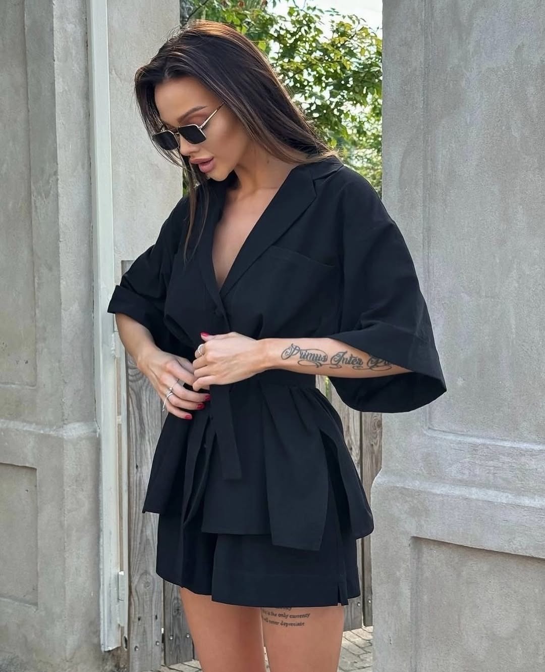 Women's Collared Half-Sleeve Tie Shirt & Shorts Set