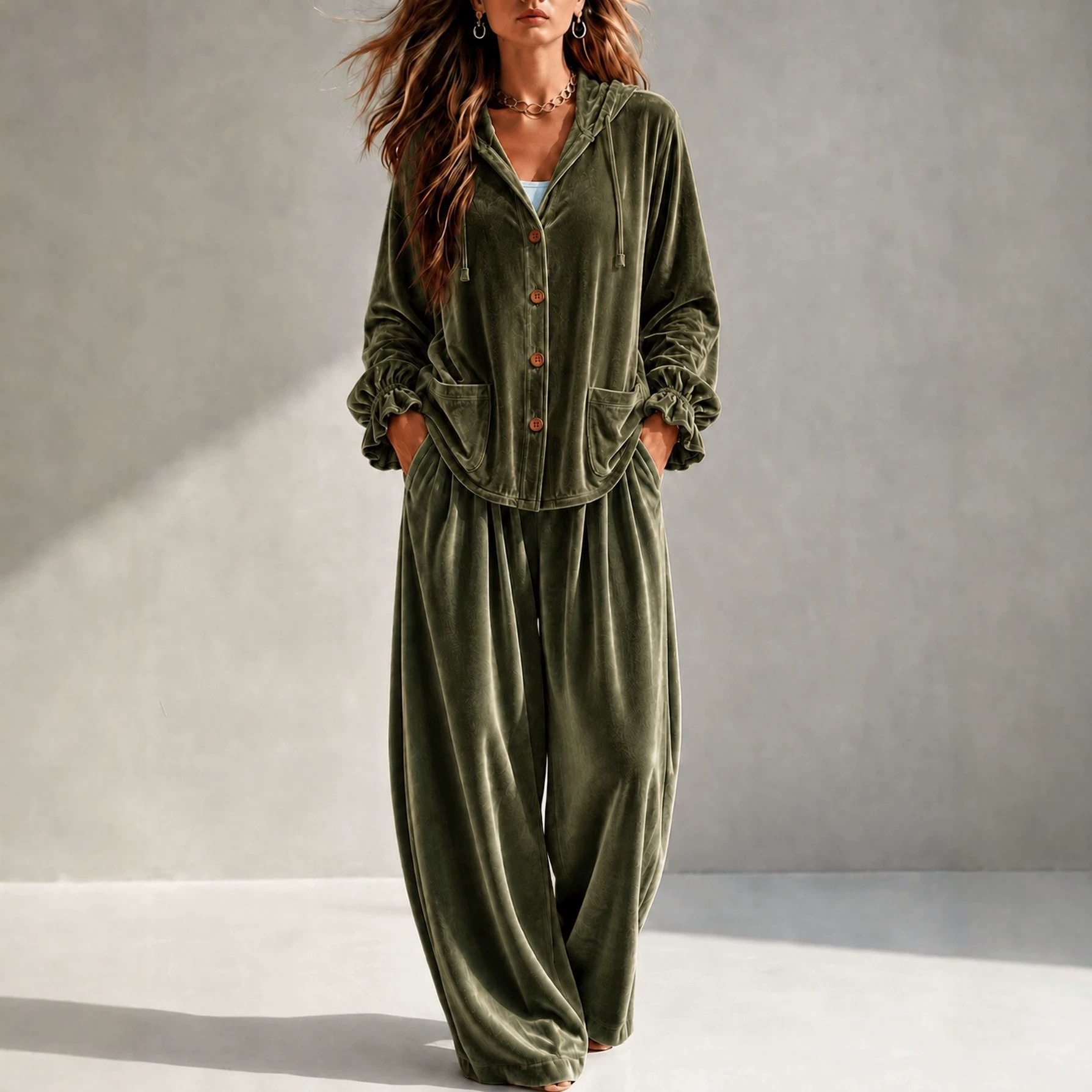 Velvet Open-Front Cardigan and Pants Two-Piece Set with Pockets
