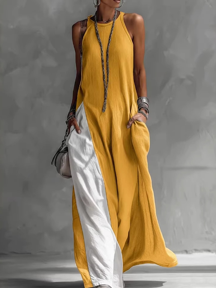 Off-Shoulder Sleeveless Colorblock Maxi Dress with Pockets