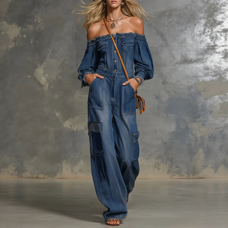 Off-Shoulder Wide-Leg Denim Jumpsuit with Pockets