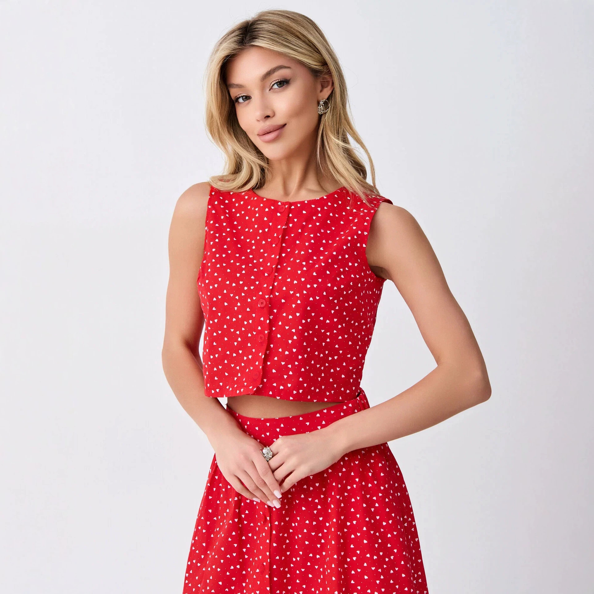 Polka Dot Sleeveless Crop Top and High-Waist Skirt Two-Piece Set