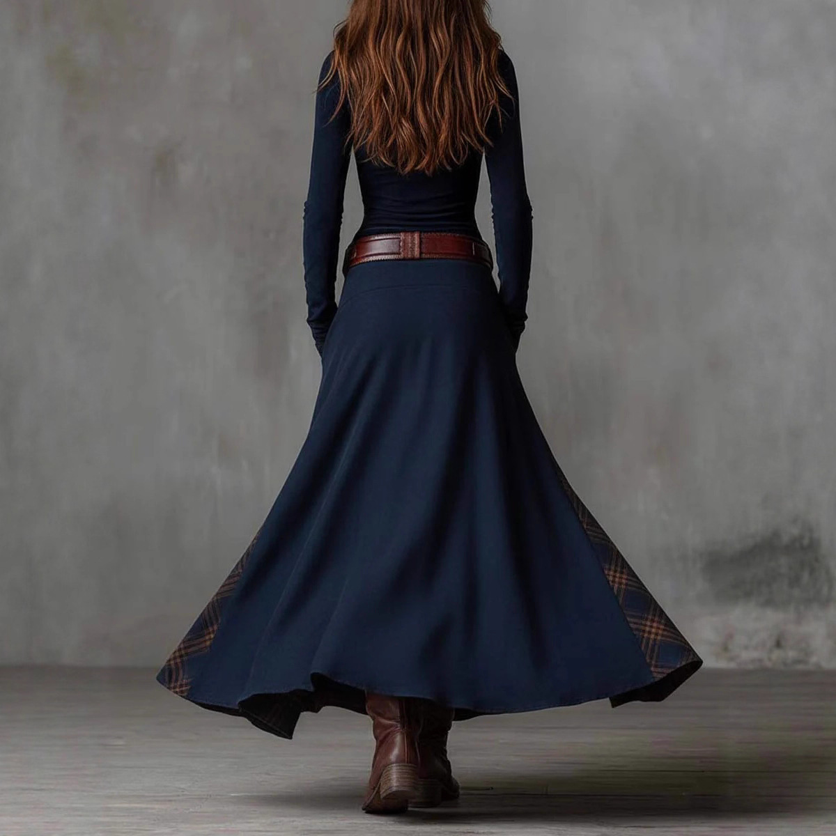 Suede Plaid Patchwork Vintage Dress with Pockets, Button & Belt