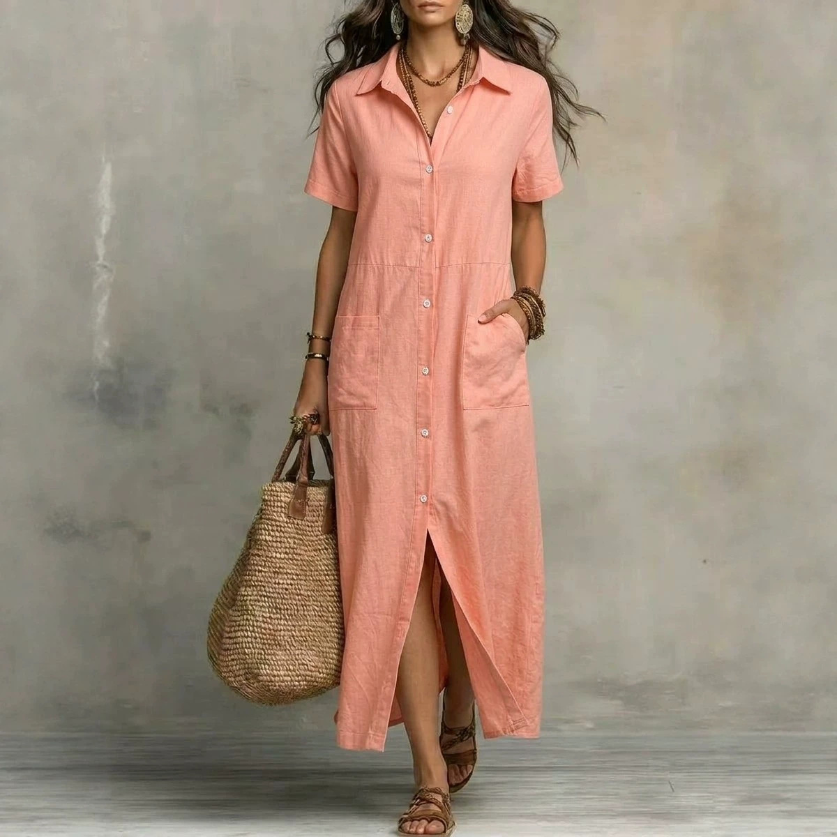 Women's Button-Front Short-Sleeve Casual Dress with Pockets