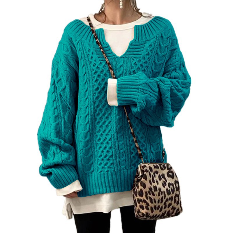 Women's Cable Knit V-Neck Sweater Loose Fit Long Sleeve Pullover