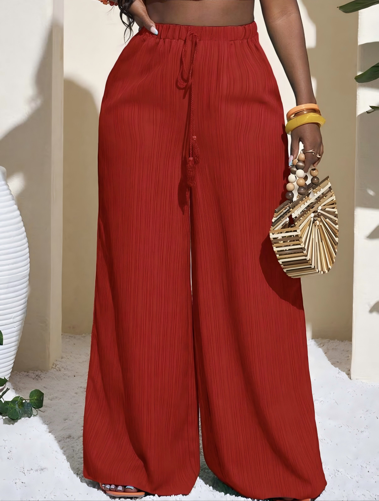 Women's High-Waist Wide-Leg Pants with Slant Pockets Solid Color Casual
