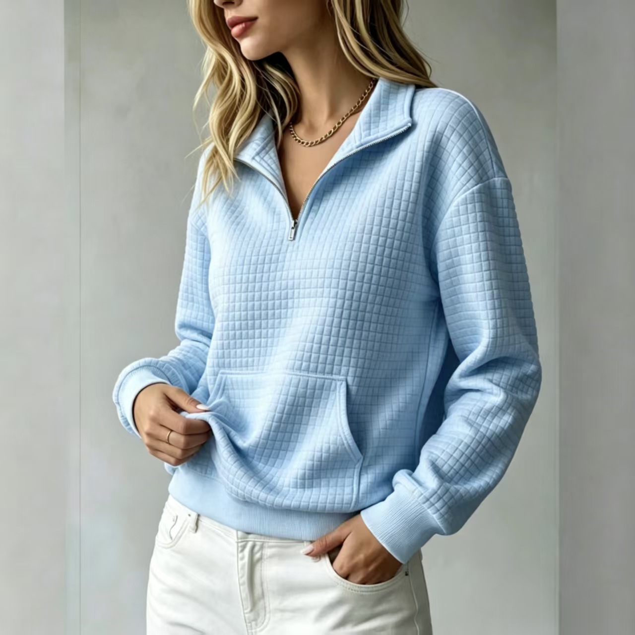 Women's Loose Kangaroo Pocket Solid Color Stand Collar Zip-Up Long Sleeve Sweatshirt