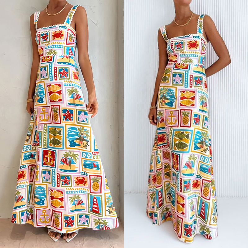 Women's Graffiti Print Sleeveless Maxi Dress Square Neck