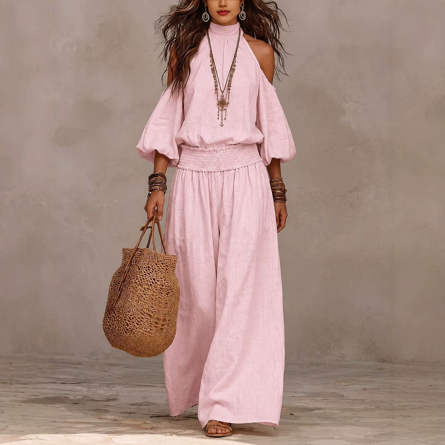 Women's Casual Loose Long Sleeve Cutout Top and Smocked Pants Two-Piece Set