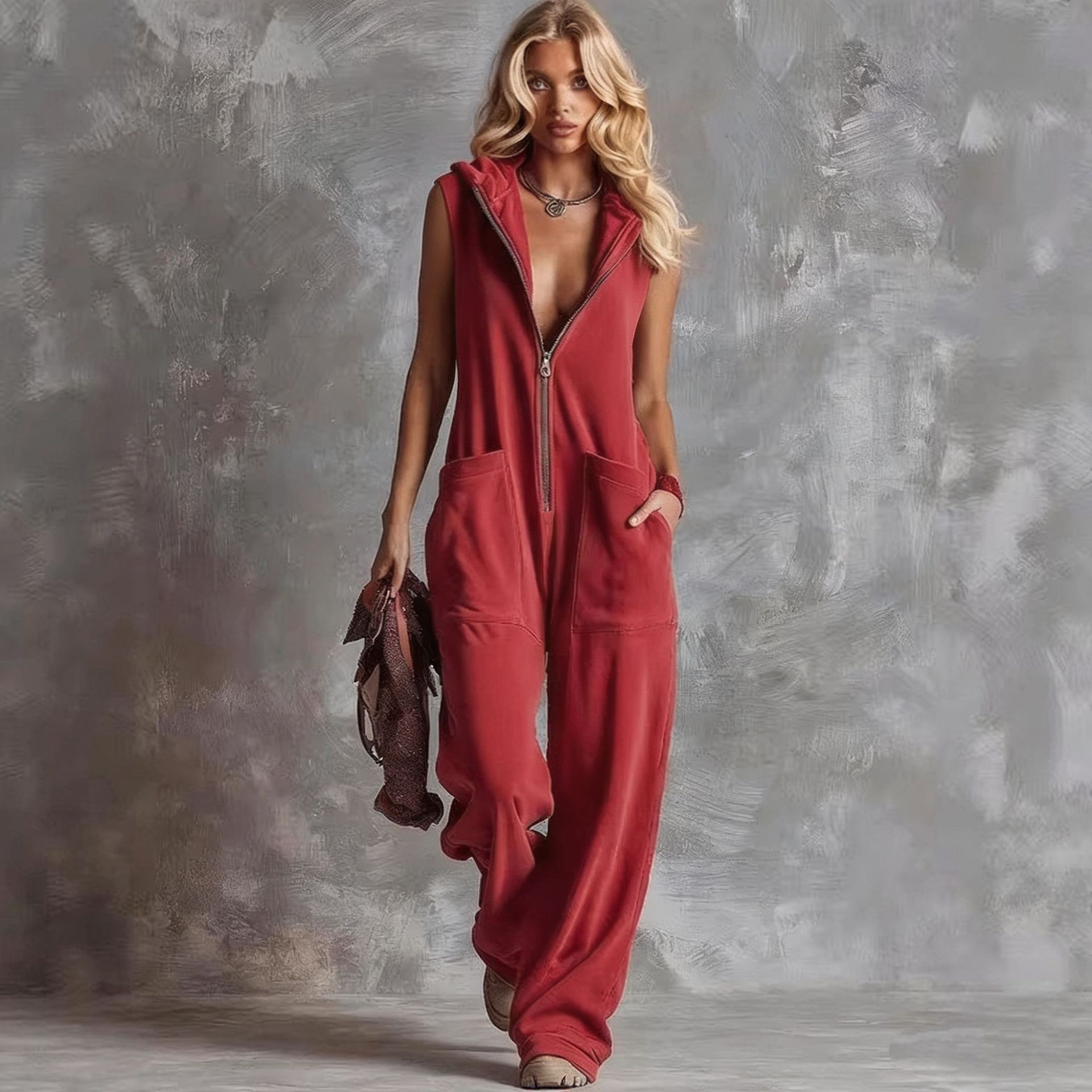 Women's Vintage Hooded V-Neck Zip Jumpsuit