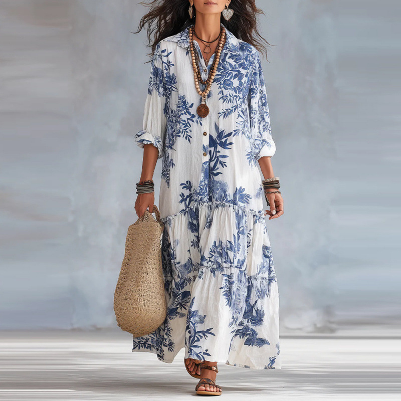 Women's Casual Long Sleeve Lapel Collar Bohemian Floral Print Maxi Dress