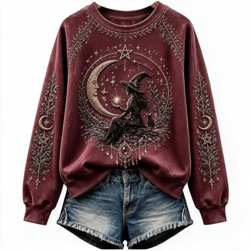 Halloween Witch Hat Print Crewneck Long-Sleeve Pullover Sweatshirt