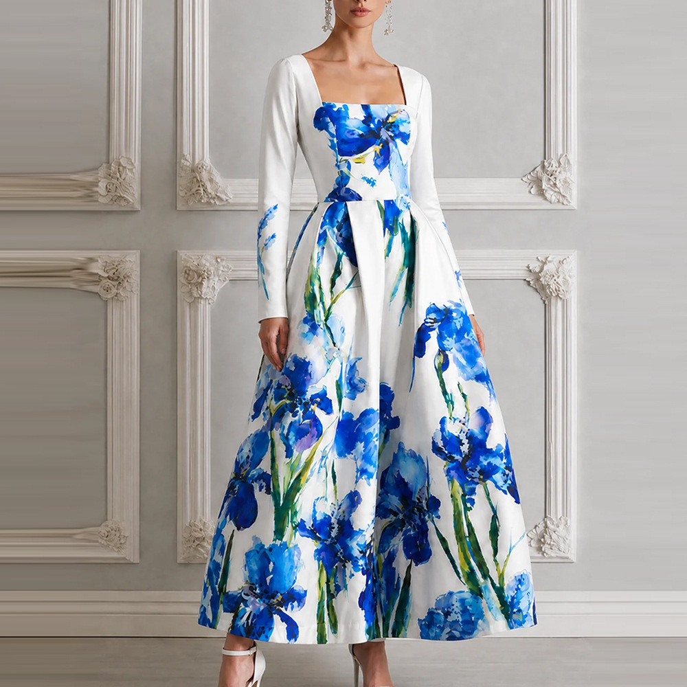 Long Sleeve Blue and White Porcelain Print Maxi Dress