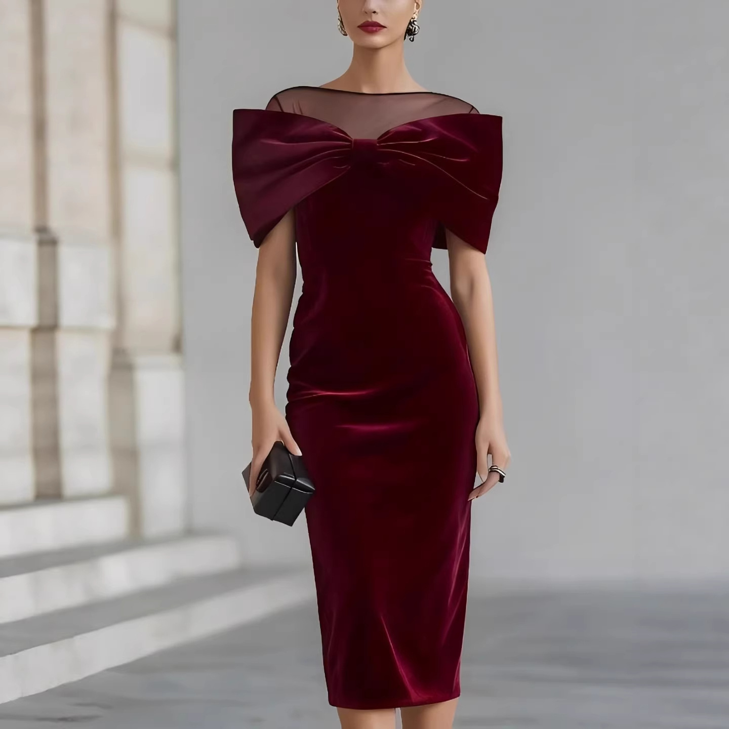 Off-Shoulder Gold Velvet Bodycon Midi Dress