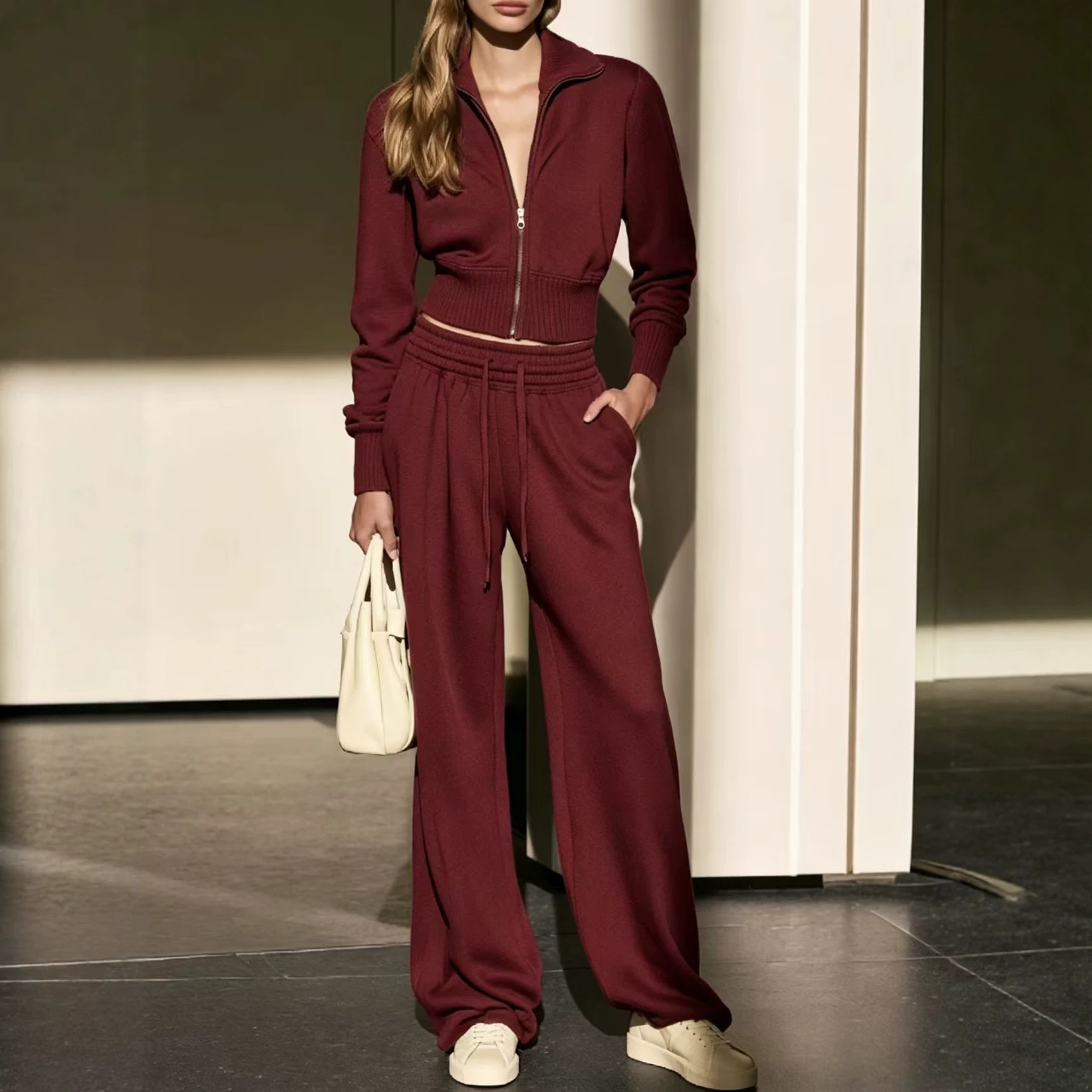 Women's Two-Piece Zip Cardigan Sweatshirt and Wide-Leg Pants Set