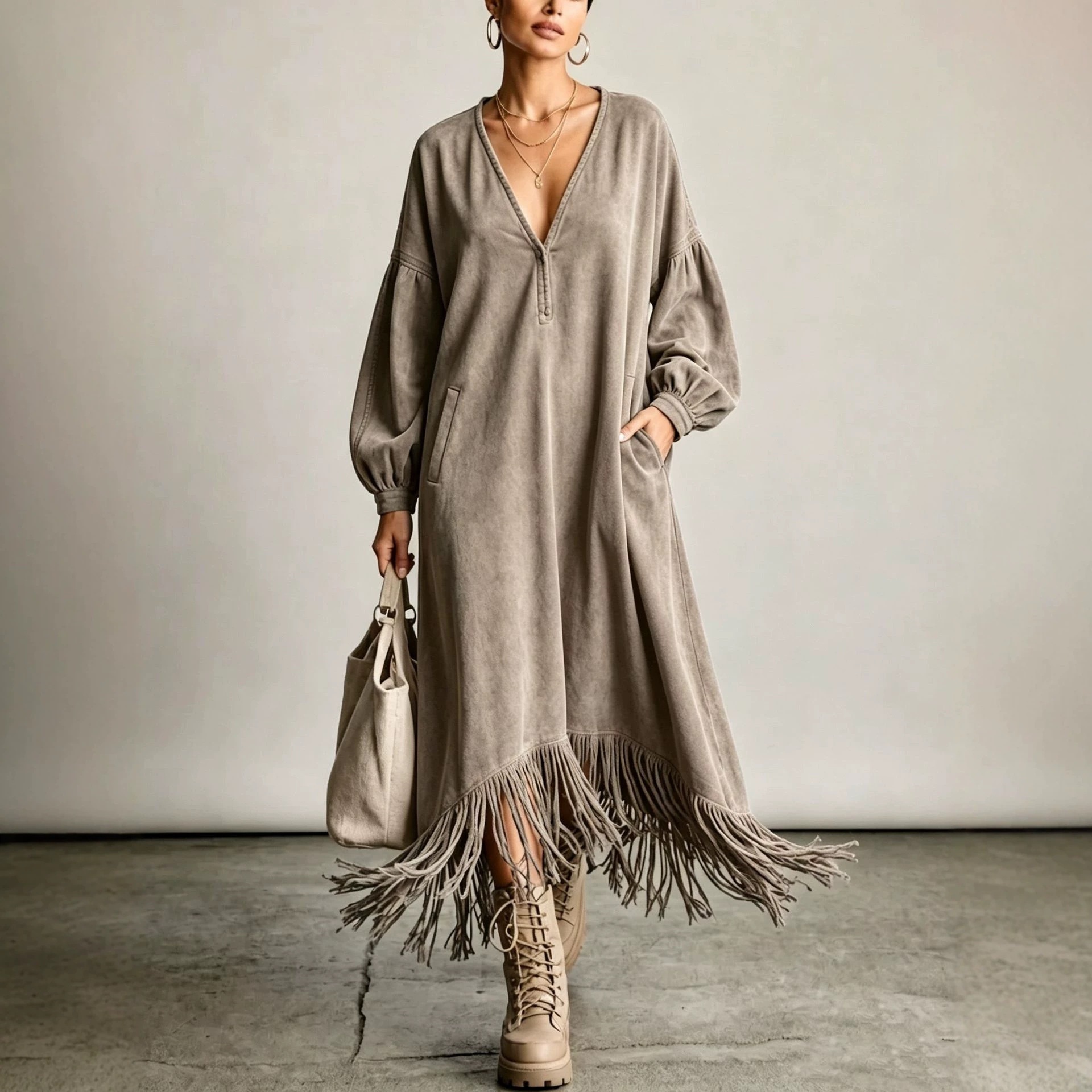 Suede Fringe V-Neck Midi Dress