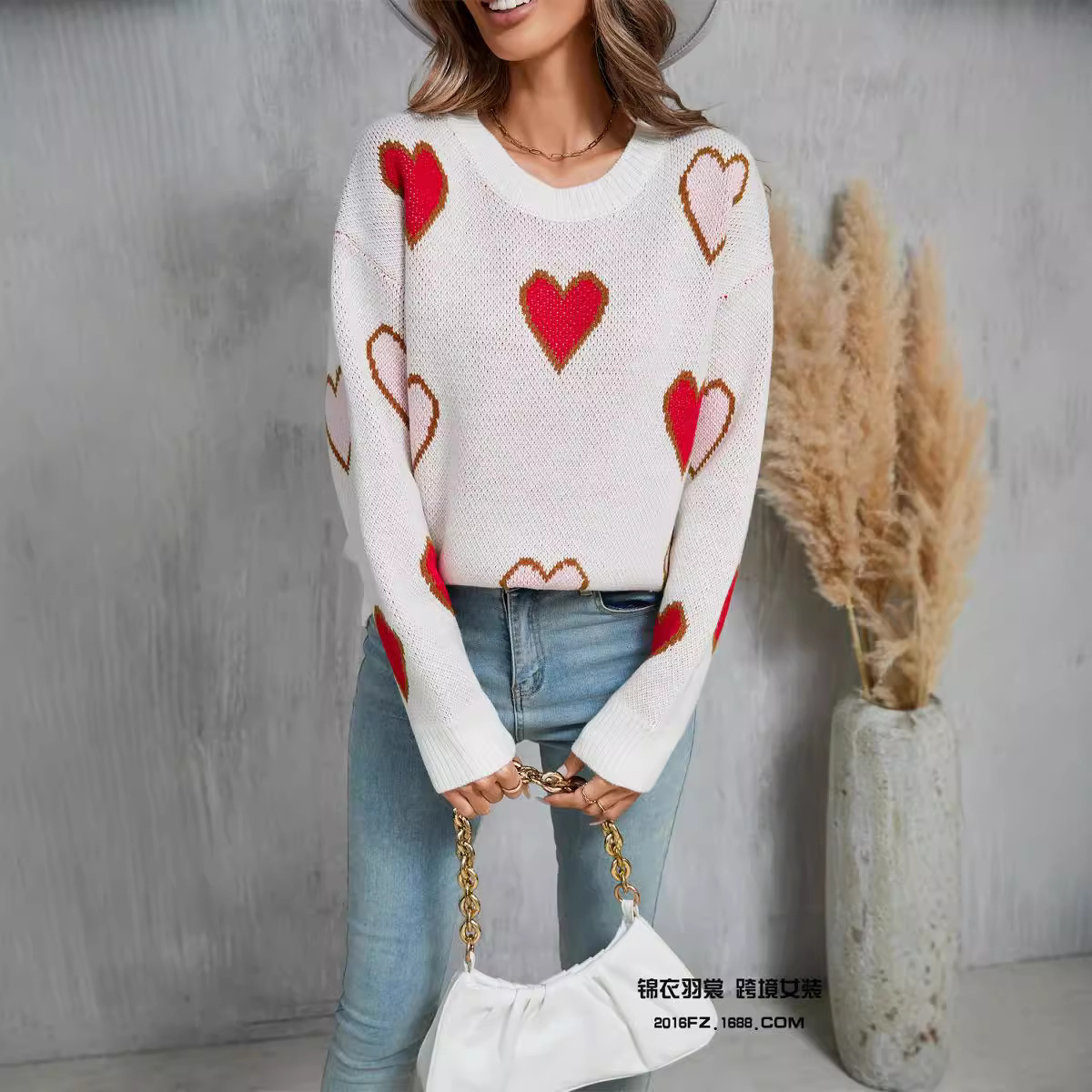 Women's Color-Block Heart Sweater, Crewneck Pullover, Long Sleeve