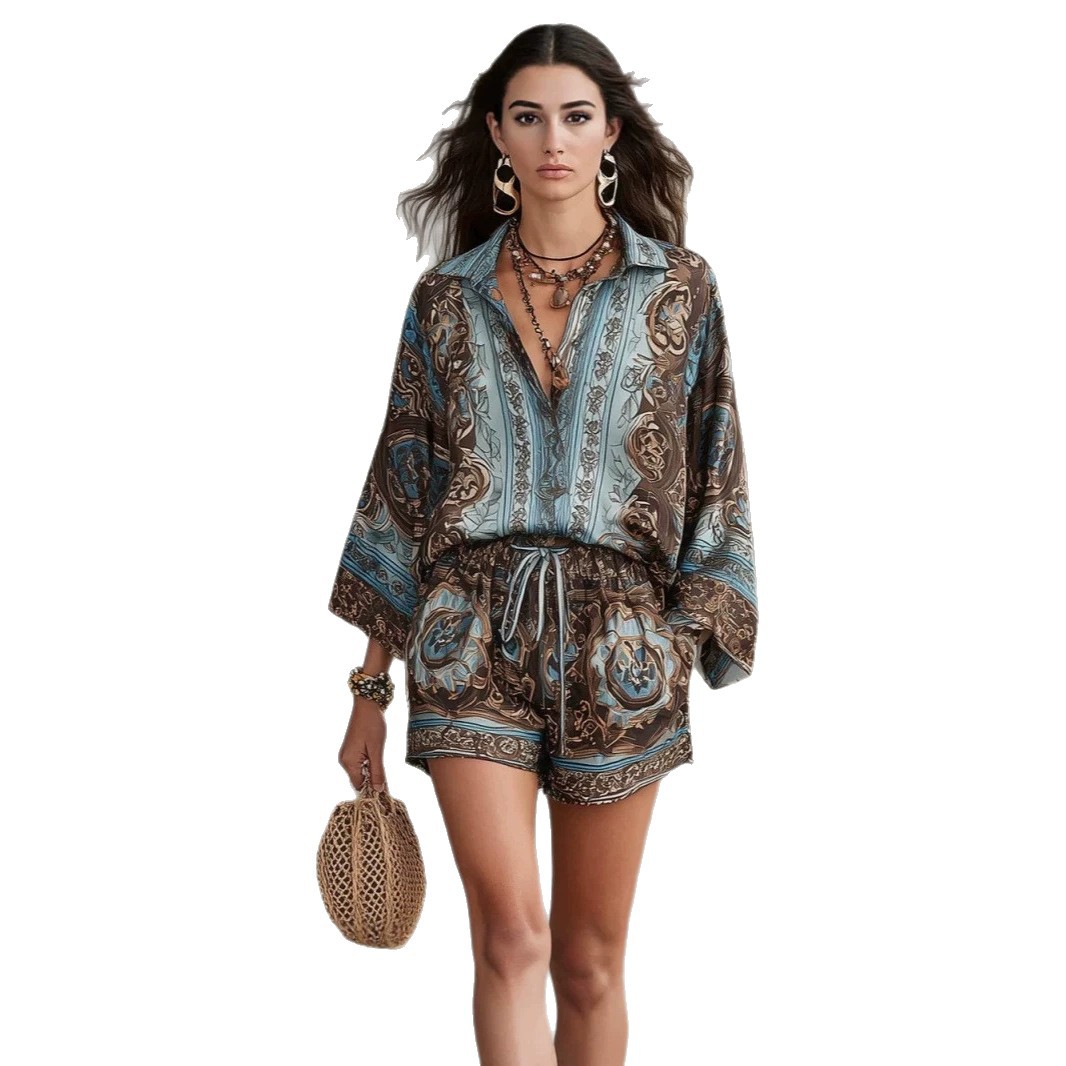Retro Abstract Print Long-Sleeve Shirt & Shorts Two-Piece Set
