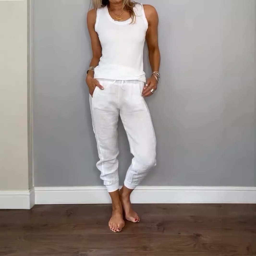 Cotton-Linen Tank Top and Drawstring Pants Set