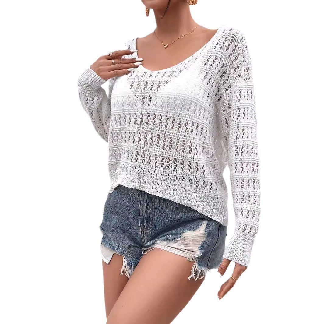 Women's Crochet Hollow-Out Off-Shoulder Long-Sleeve Knit Top