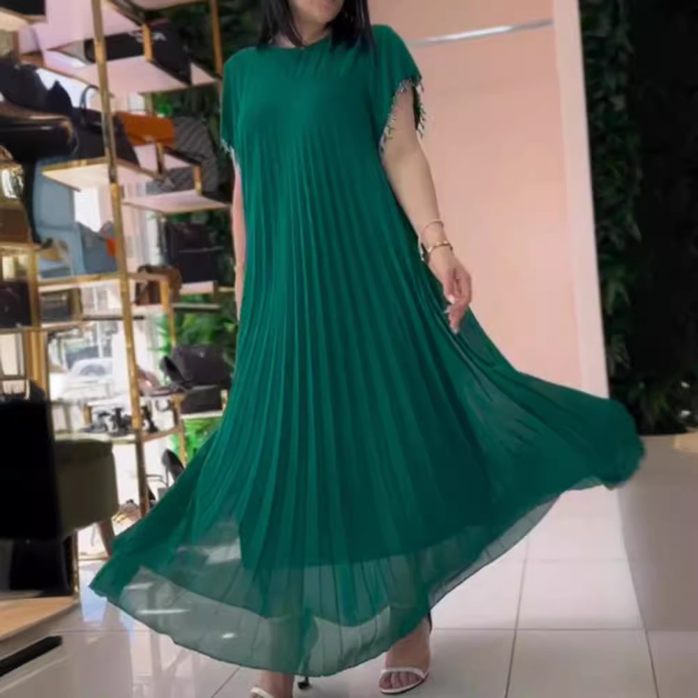 Women's Solid Color Round Neck Short Sleeve Pleated Dress